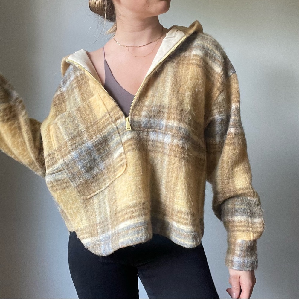 Yellow Plaid Wool Blend Sweatshirt with Hood